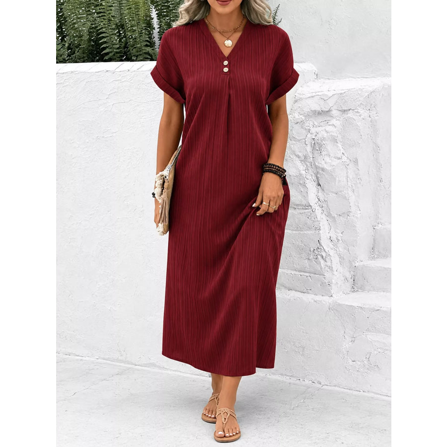 Full Size V-Neck Short Sleeve Midi Dress Plus Apparel and Accessories