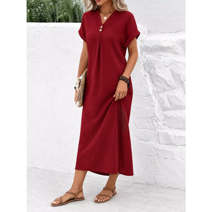 Full Size V-Neck Short Sleeve Midi Dress Plus Apparel and Accessories