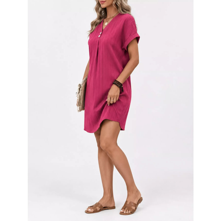 Full Size V-Neck Short Sleeve Midi Dress Plus Apparel and Accessories