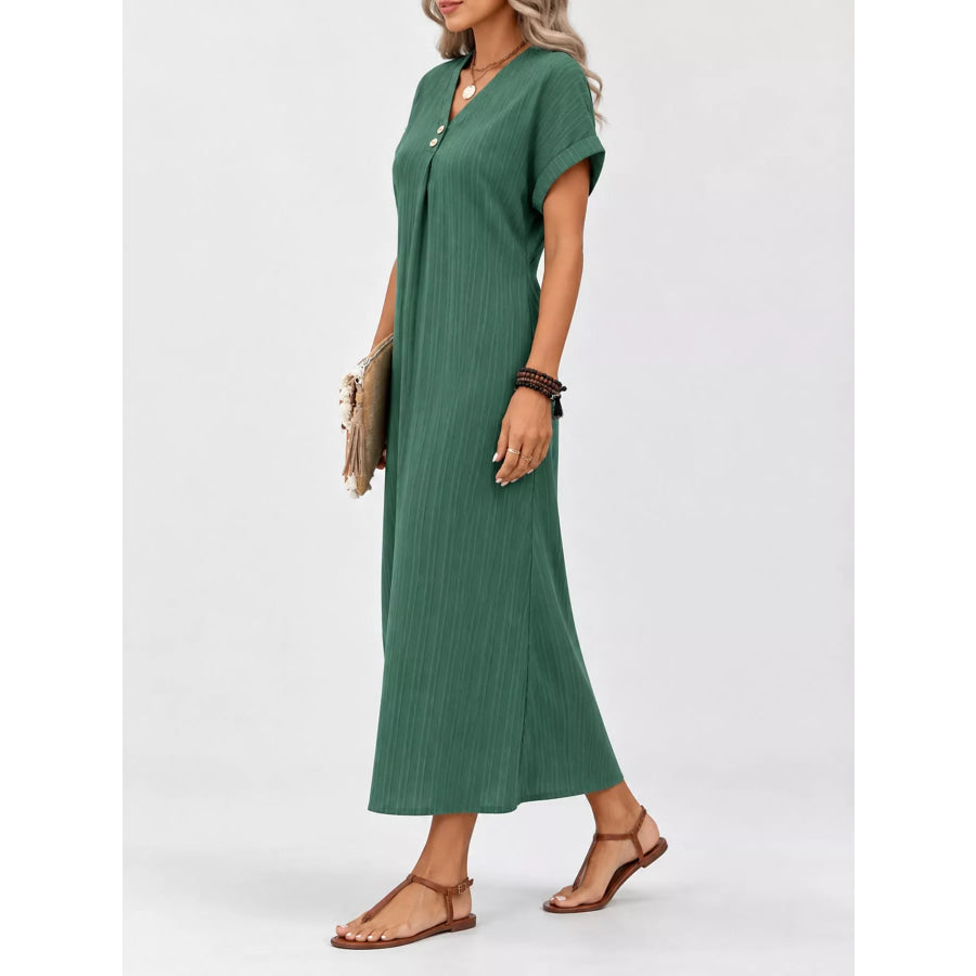 Full Size V-Neck Short Sleeve Midi Dress Plus Apparel and Accessories