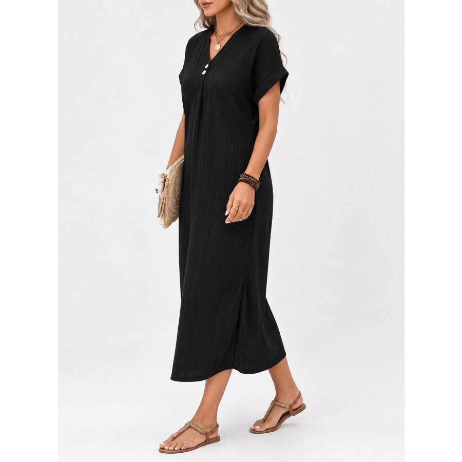 Full Size V-Neck Short Sleeve Midi Dress Plus Apparel and Accessories