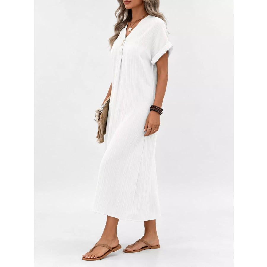 Full Size V-Neck Short Sleeve Midi Dress Plus Apparel and Accessories