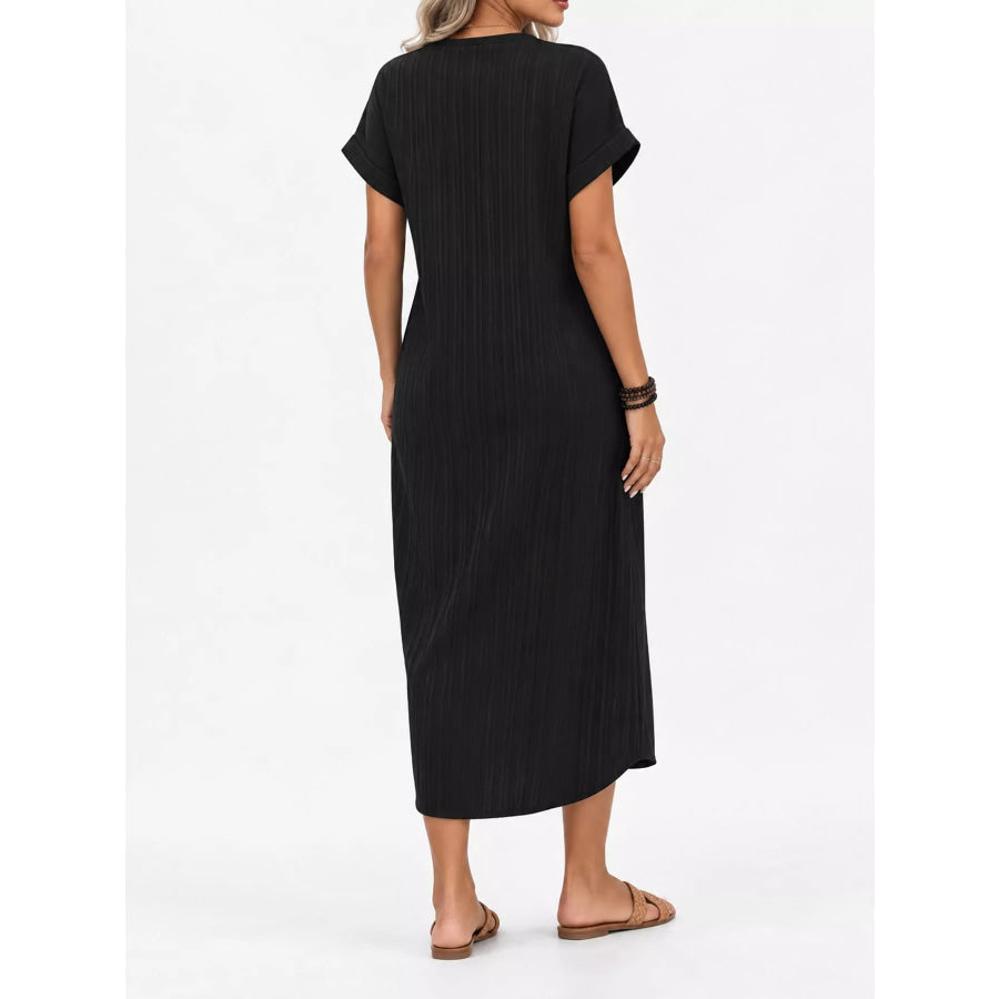 Full Size V-Neck Short Sleeve Midi Dress Plus Apparel and Accessories