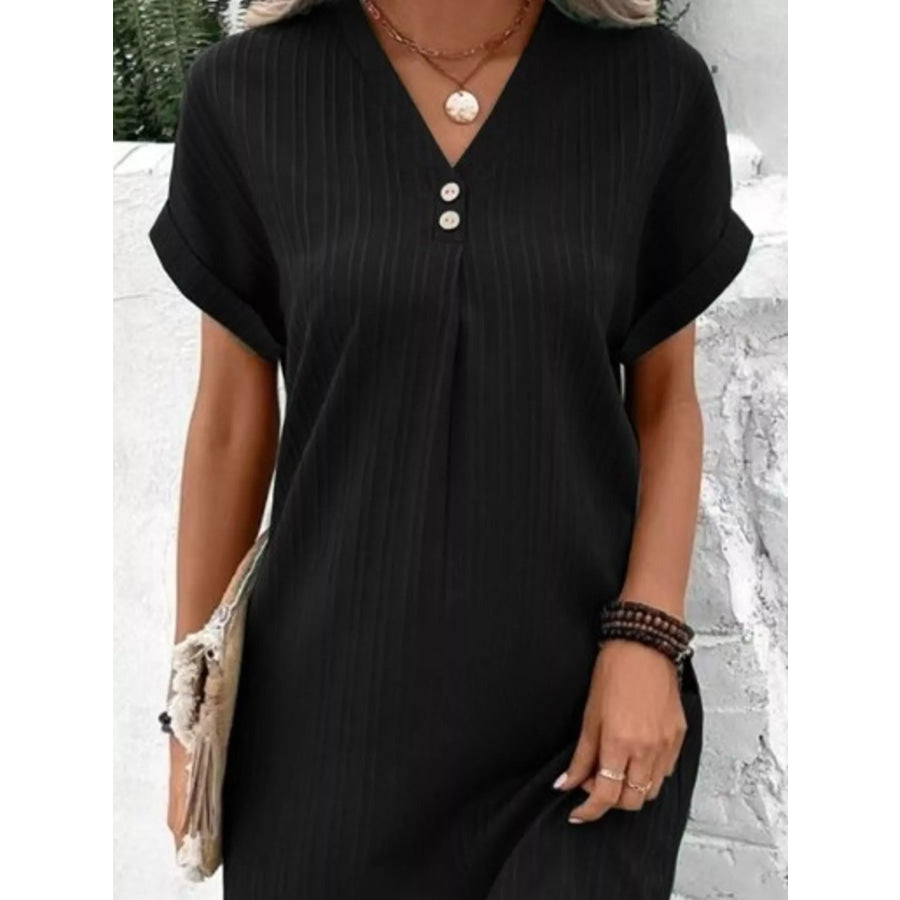Full Size V-Neck Short Sleeve Midi Dress Plus Black / S Apparel and Accessories