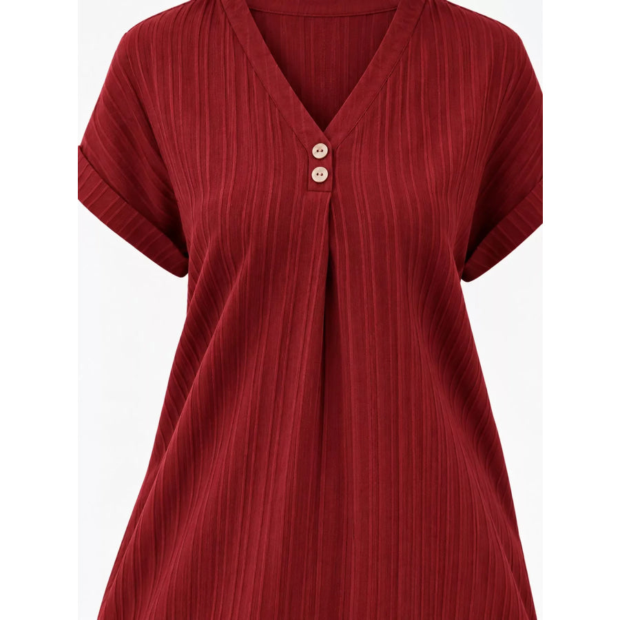 Full Size V-Neck Short Sleeve Midi Dress Plus Dark Red / S Apparel and Accessories