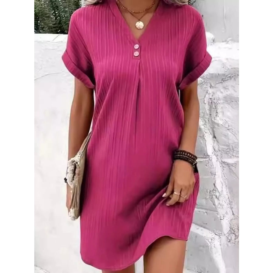 Full Size V-Neck Short Sleeve Midi Dress Plus Fuchsia / S Apparel and Accessories