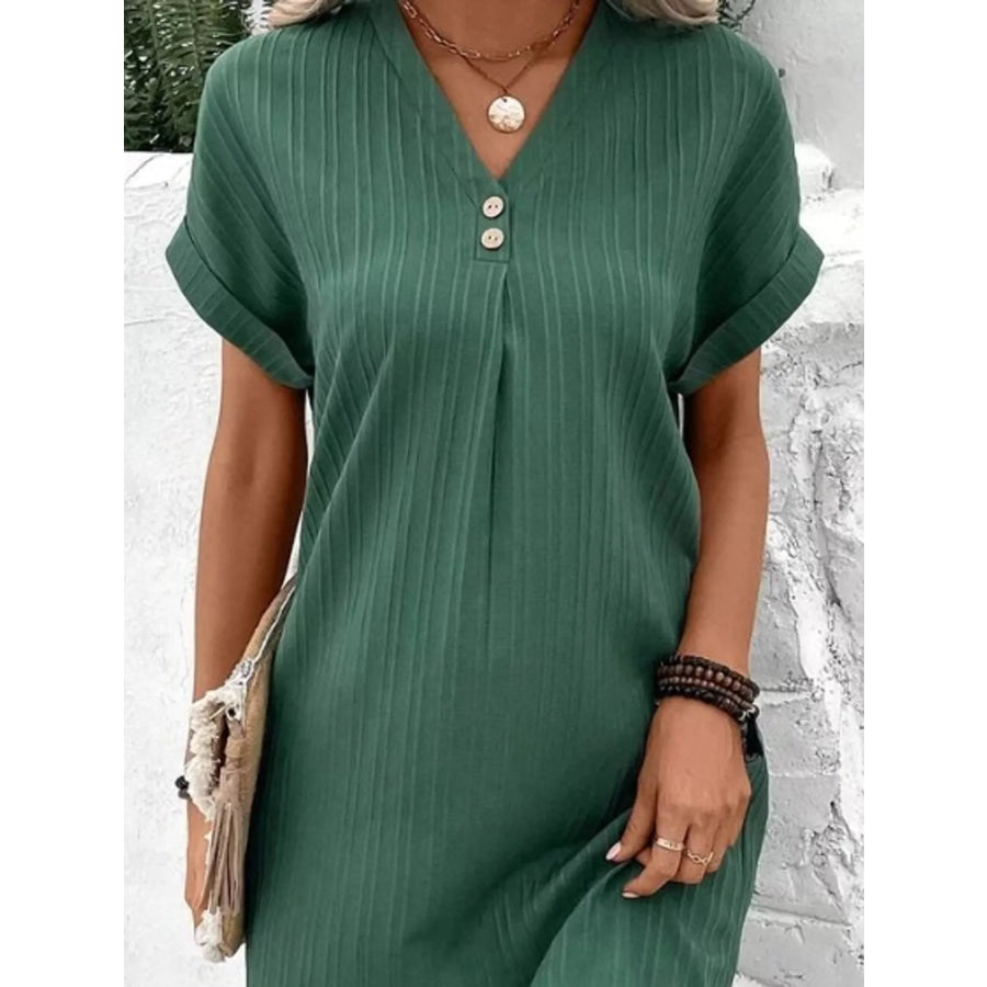 Full Size V-Neck Short Sleeve Midi Dress Plus Green / S Apparel and Accessories