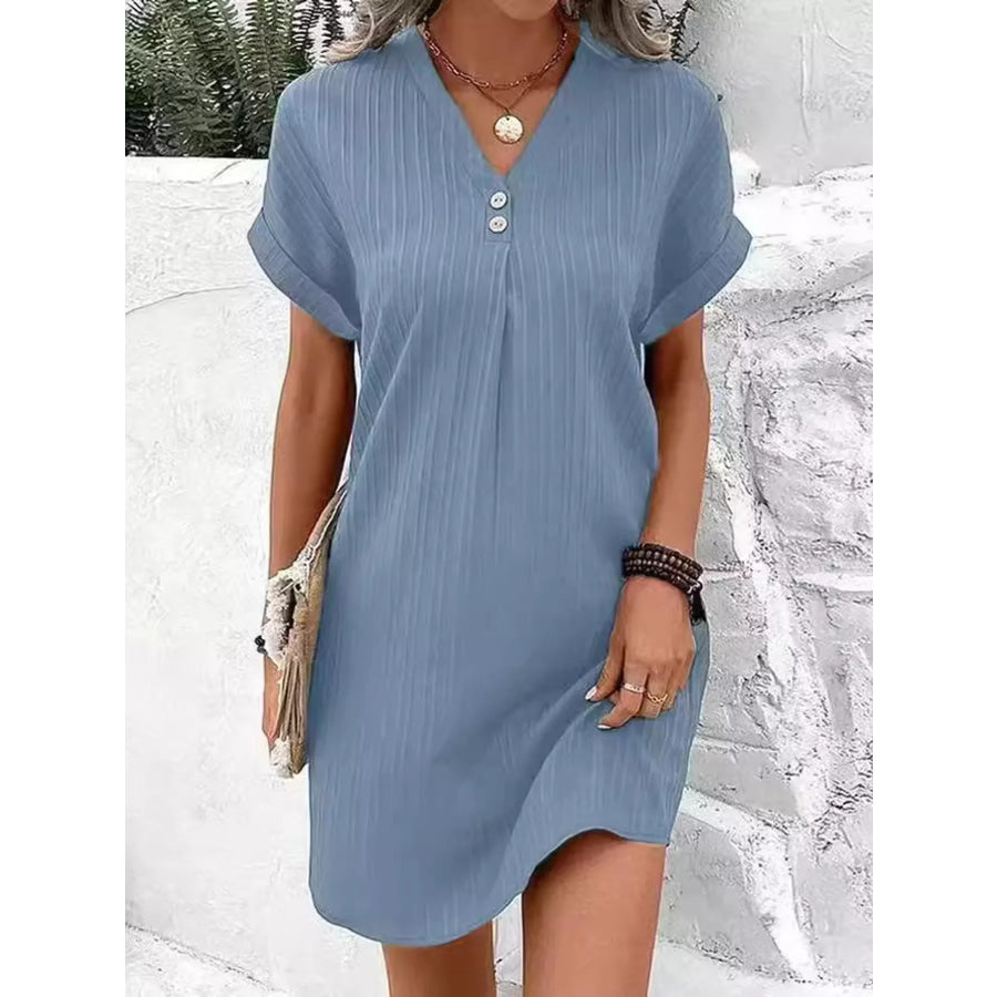 Full Size V-Neck Short Sleeve Midi Dress Plus Light Blue / S Apparel and Accessories