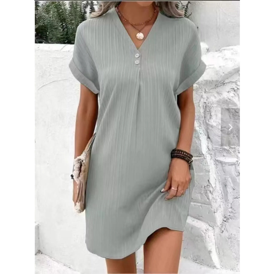 Full Size V-Neck Short Sleeve Midi Dress Plus Silver / S Apparel and Accessories