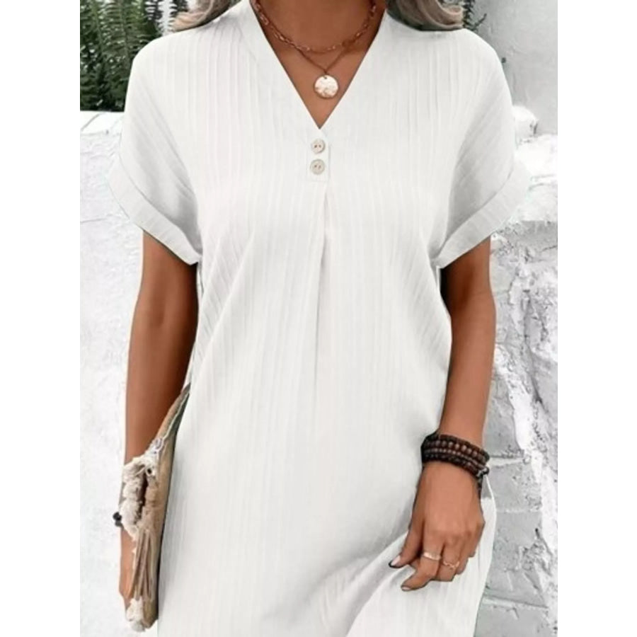 Full Size V-Neck Short Sleeve Midi Dress Plus White / S Apparel and Accessories