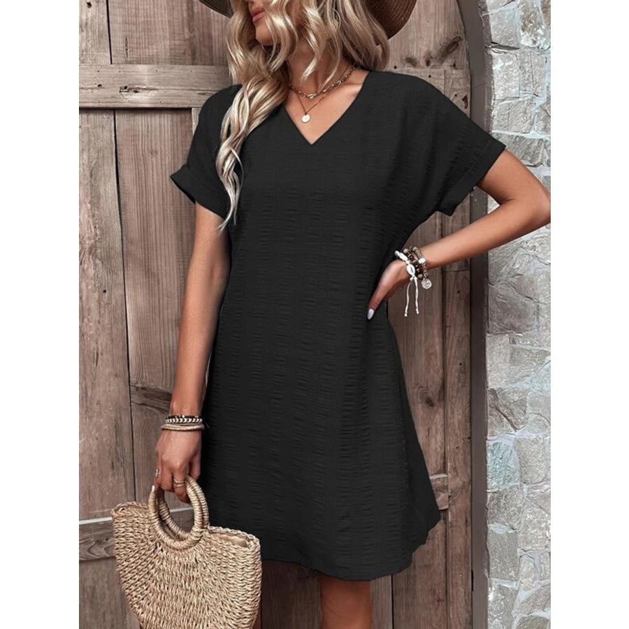 Full Size V - Neck Short Sleeve Mini Dress Black / S Apparel and Accessories