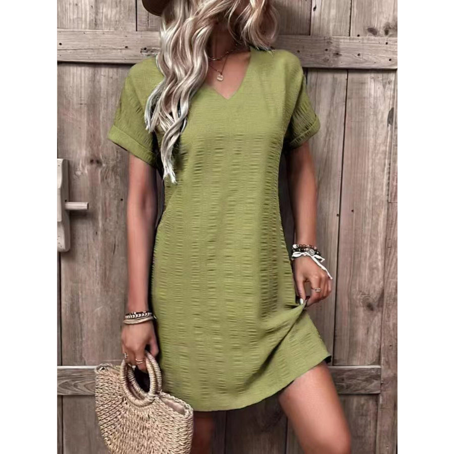 Full Size V - Neck Short Sleeve Mini Dress Chartreuse / S Apparel and Accessories