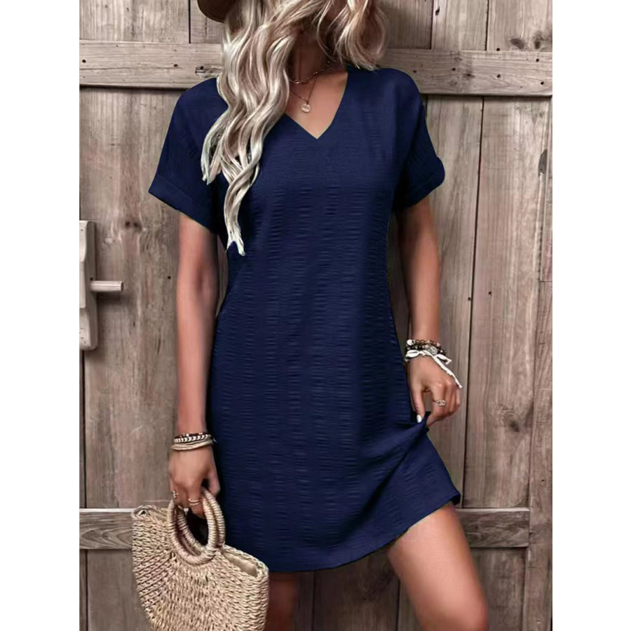 Full Size V - Neck Short Sleeve Mini Dress Dark Navy / S Apparel and Accessories