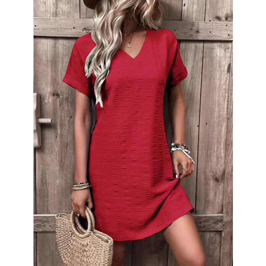 Full Size V - Neck Short Sleeve Mini Dress Scarlet / S Apparel and Accessories