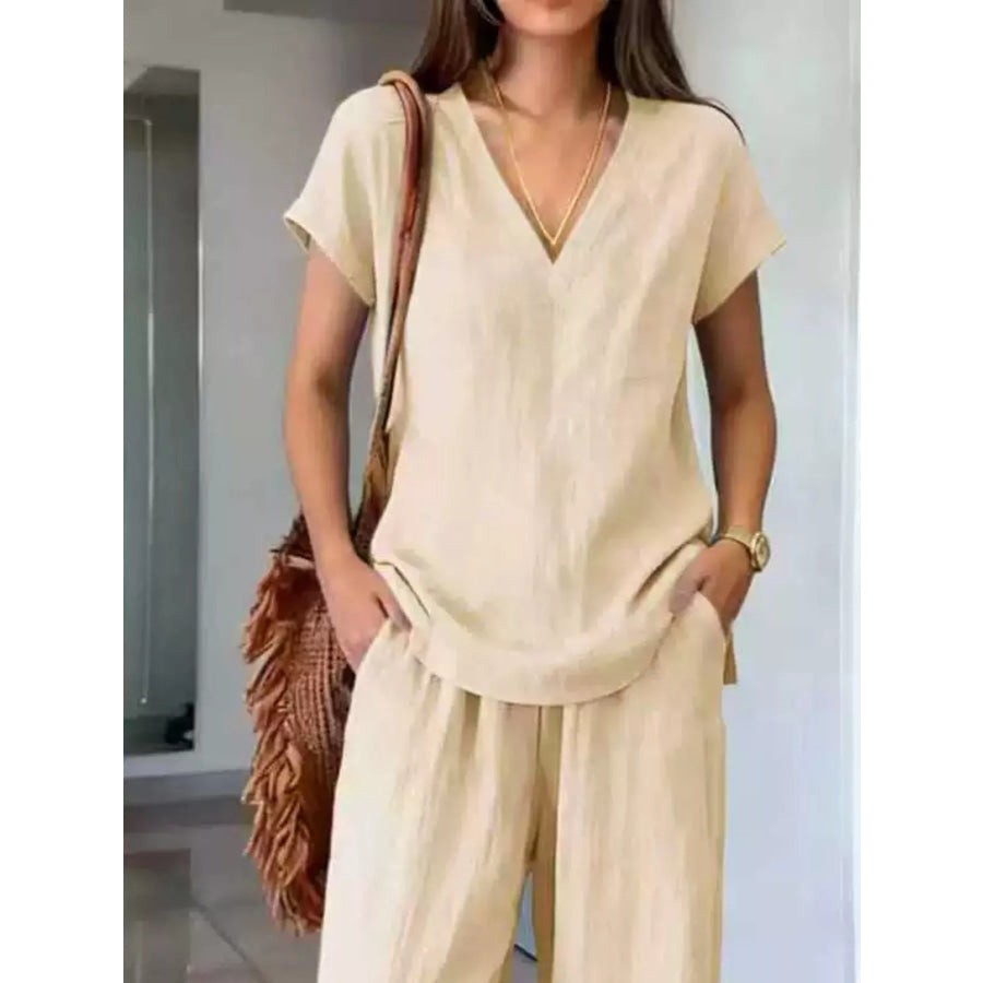 Full Size V-Neck Short Sleeve Top and Pants Set Plus Size Apparel and Accessories