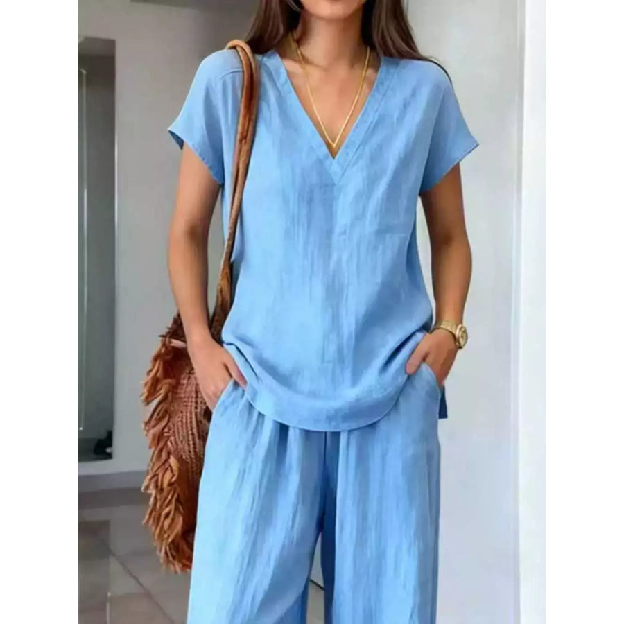 Full Size V-Neck Short Sleeve Top and Pants Set Plus Size Apparel and Accessories