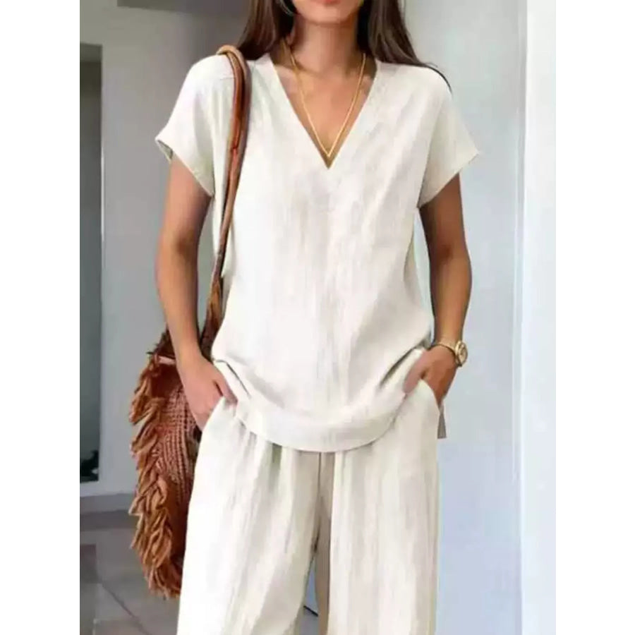 Full Size V-Neck Short Sleeve Top and Pants Set Plus Size White / S Apparel and Accessories