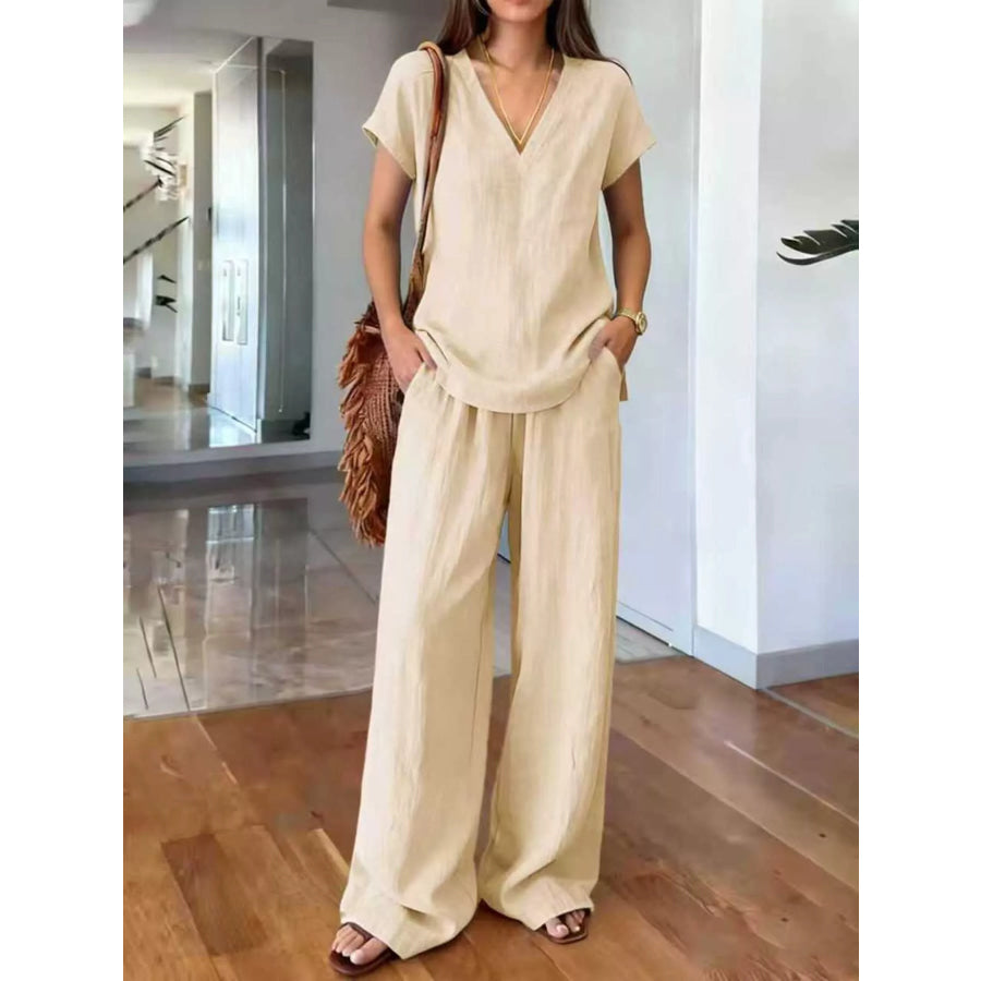 Full Size V-Neck Short Sleeve Top and Pants Set Plus Size Apricot / S Apparel and Accessories