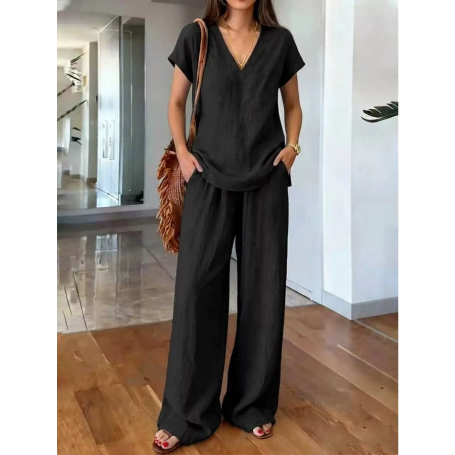 Full Size V-Neck Short Sleeve Top and Pants Set Plus Size Black / S Apparel and Accessories