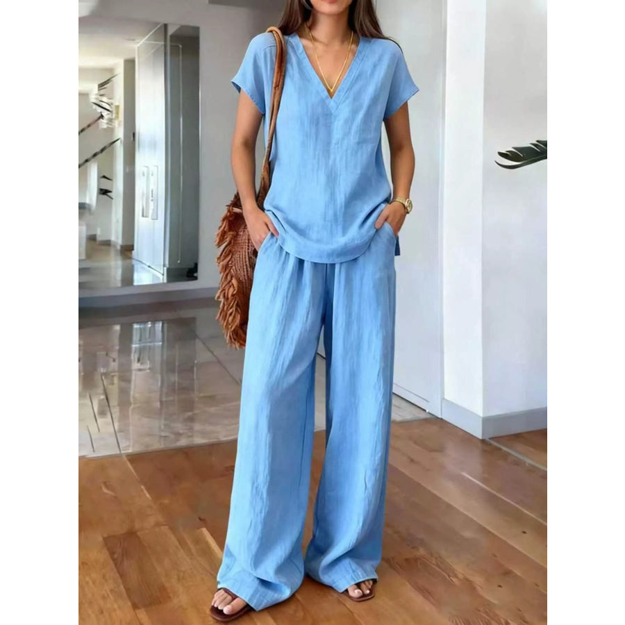 Full Size V-Neck Short Sleeve Top and Pants Set Plus Size Blue / S Apparel and Accessories