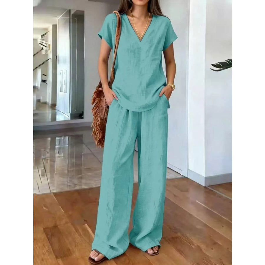 Full Size V-Neck Short Sleeve Top and Pants Set Plus Size Cyan / S Apparel and Accessories