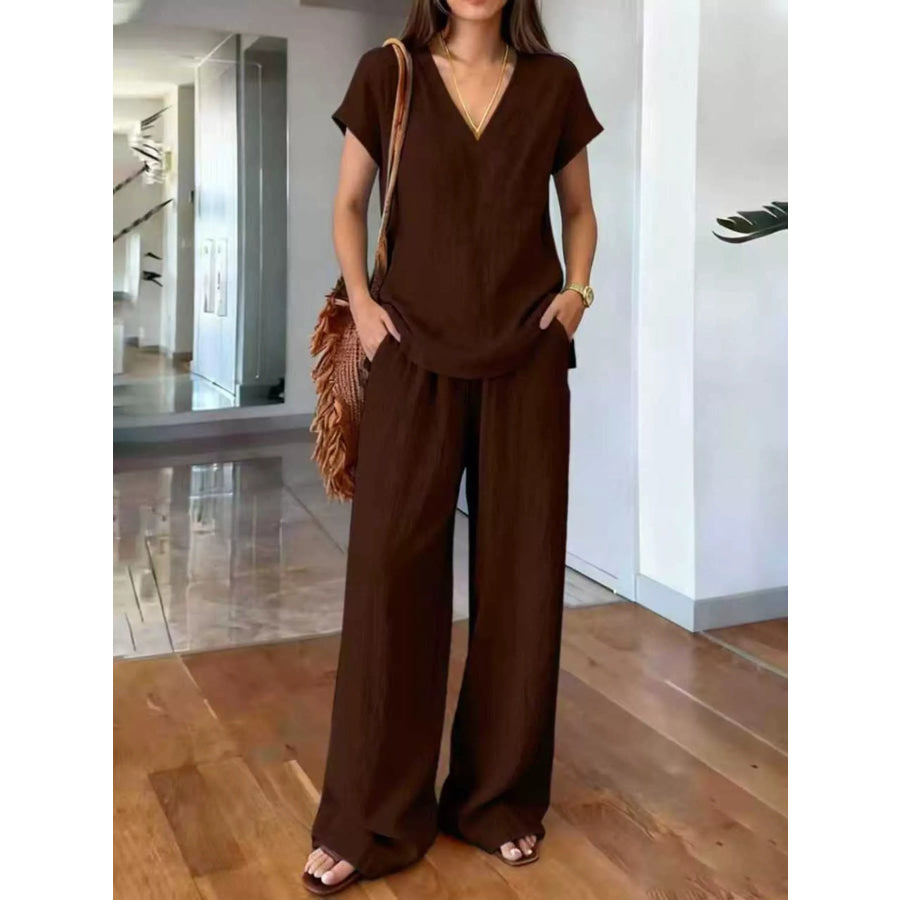 Full Size V-Neck Short Sleeve Top and Pants Set Plus Size Dark Brown / S Apparel and Accessories
