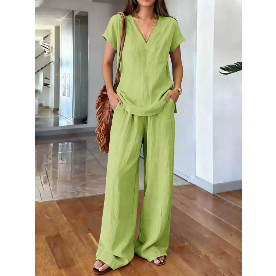 Full Size V-Neck Short Sleeve Top and Pants Set Plus Size Green / S Apparel and Accessories