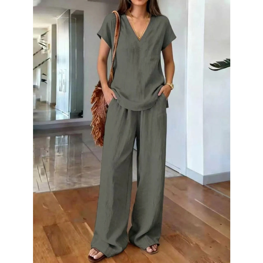 Full Size V-Neck Short Sleeve Top and Pants Set Plus Size Grey / S Apparel and Accessories