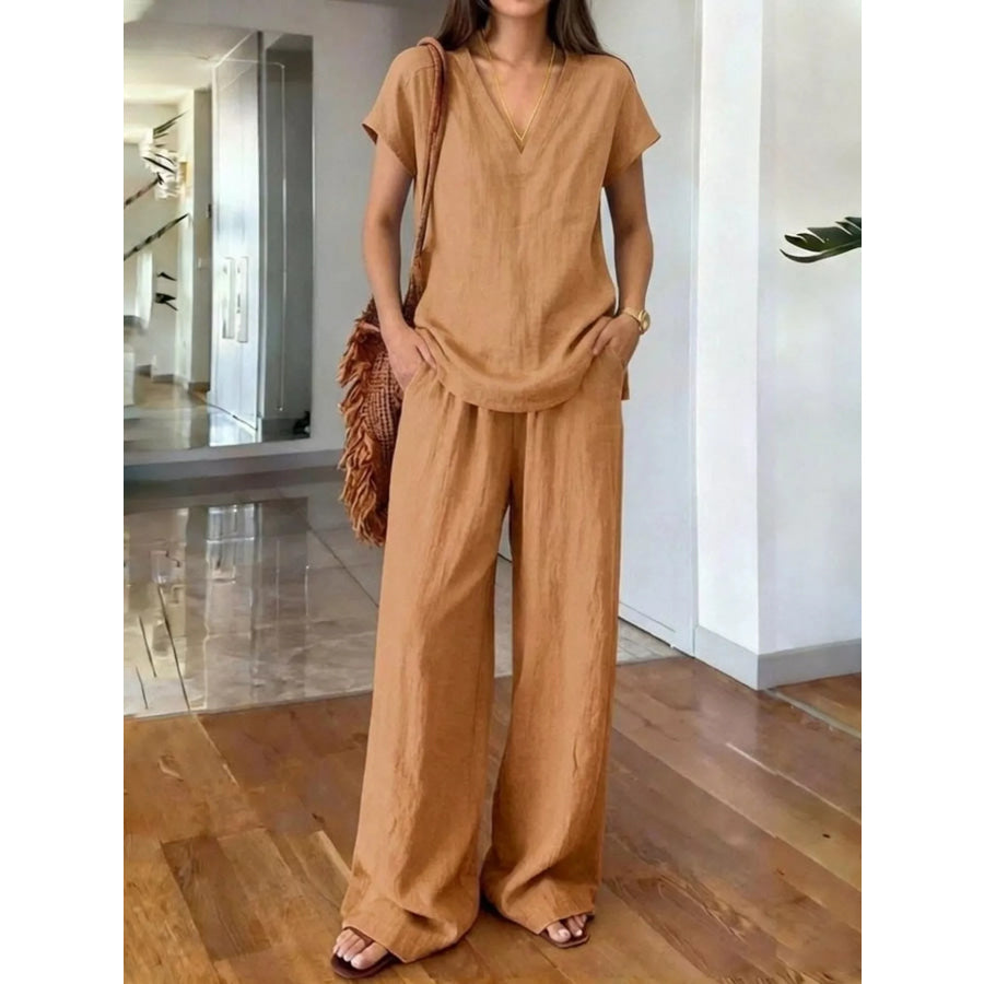 Full Size V-Neck Short Sleeve Top and Pants Set Plus Size Light Brown / S Apparel and Accessories