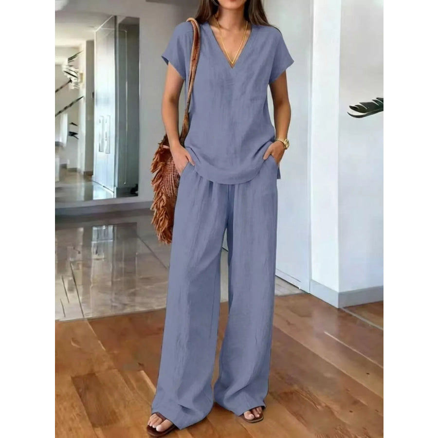 Full Size V-Neck Short Sleeve Top and Pants Set Plus Size Sea blue / S Apparel and Accessories