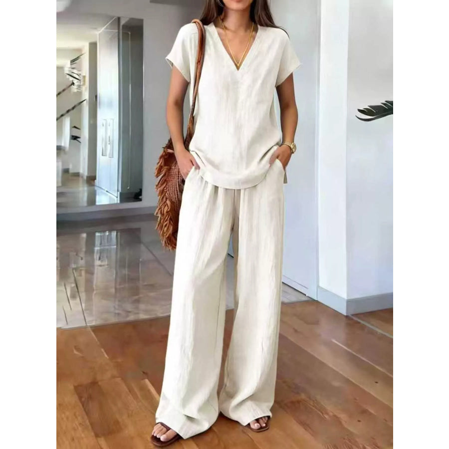 Full Size V-Neck Short Sleeve Top and Pants Set Plus Size White / S Apparel and Accessories
