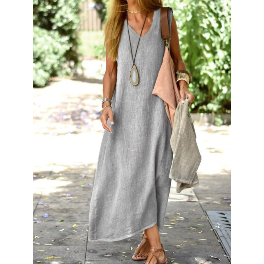 Full Size V-Neck Sleeveless Linen Maxi Dress Plus Size Gray / S Apparel and Accessories