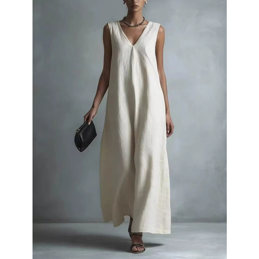 Full Size V-Neck Sleeveless Maxi Dress Plus Beige / S Apparel and Accessories