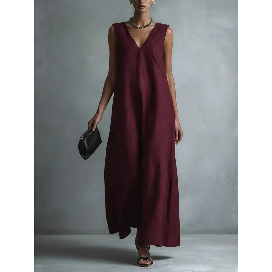 Full Size V-Neck Sleeveless Maxi Dress Plus Burgundy / S Apparel and Accessories