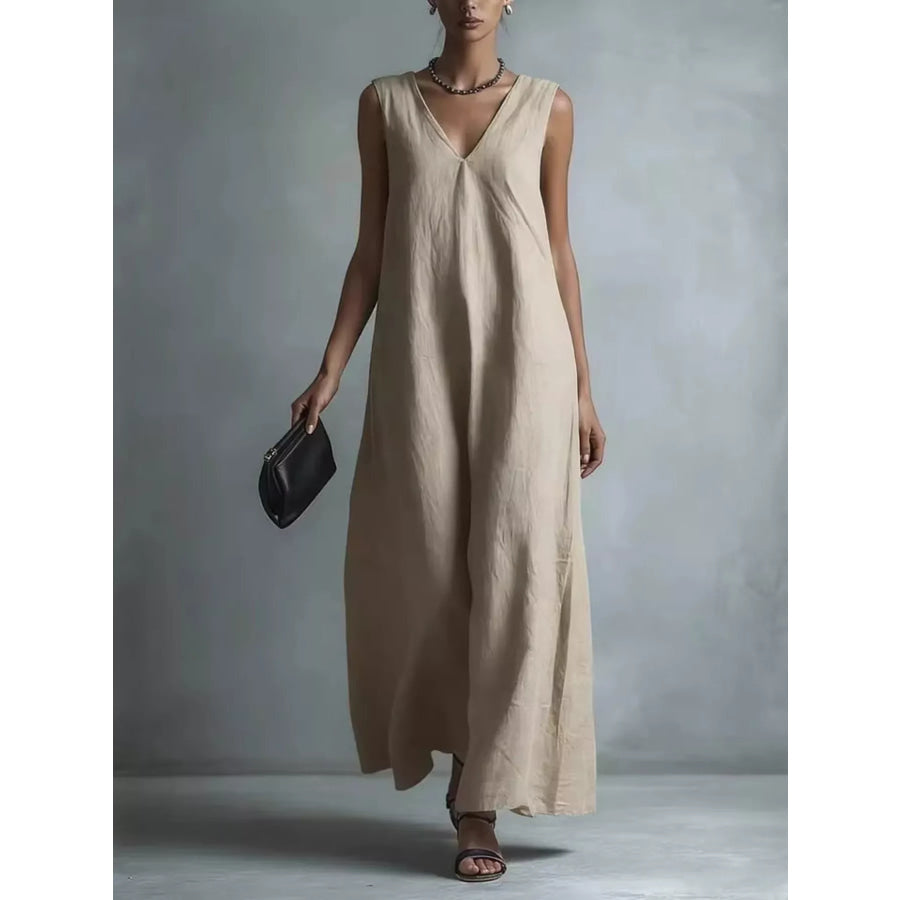 Full Size V-Neck Sleeveless Maxi Dress Plus Tan / S Apparel and Accessories