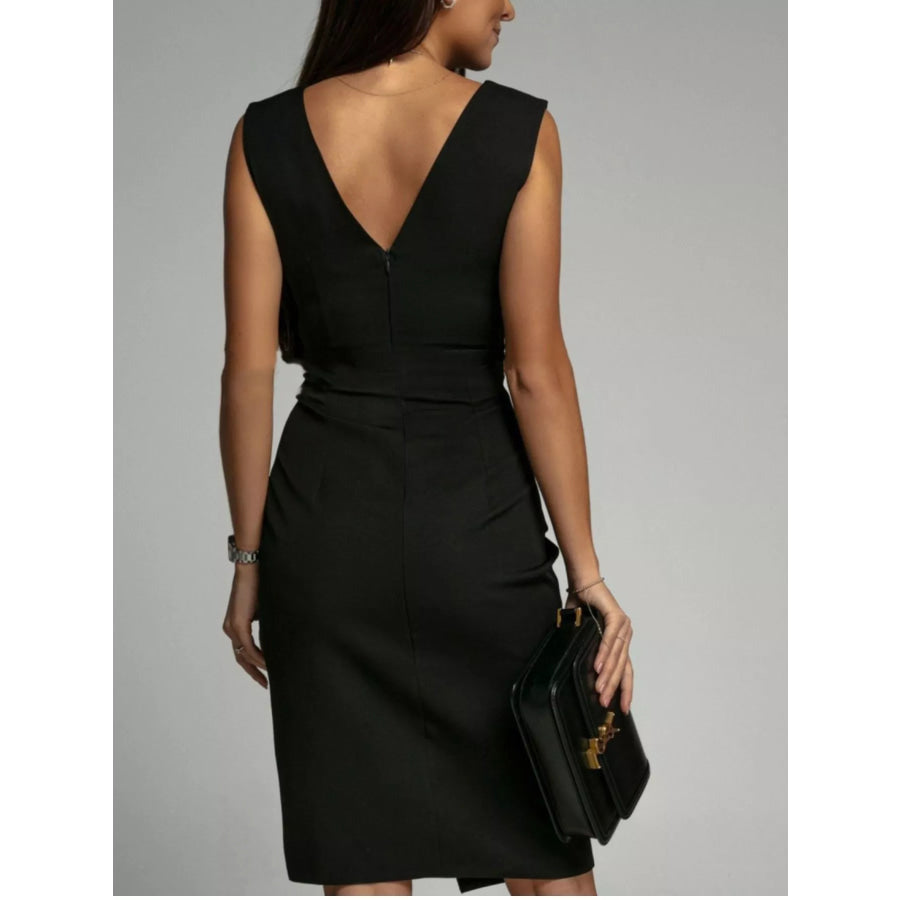 Full Size V-Neck Sleeveless Ruched Midi Dress with Slit Plus Size Apparel and Accessories