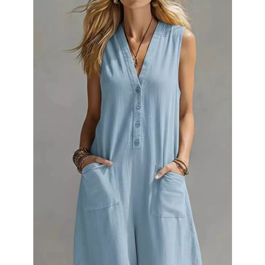 Full Size V-Neck Sleeveless Wide-Leg Jumpsuit Plus Size Apparel and Accessories