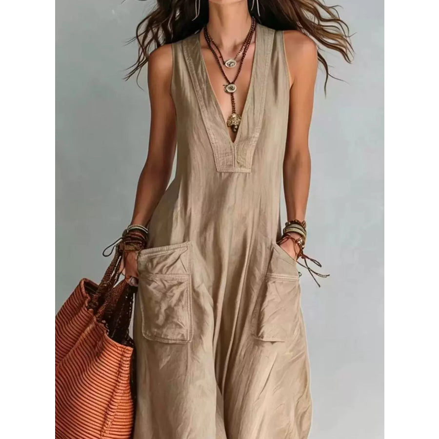 Full Size V-Neck Sleeveless Wide-Leg Jumpsuit Plus Size Apparel and Accessories