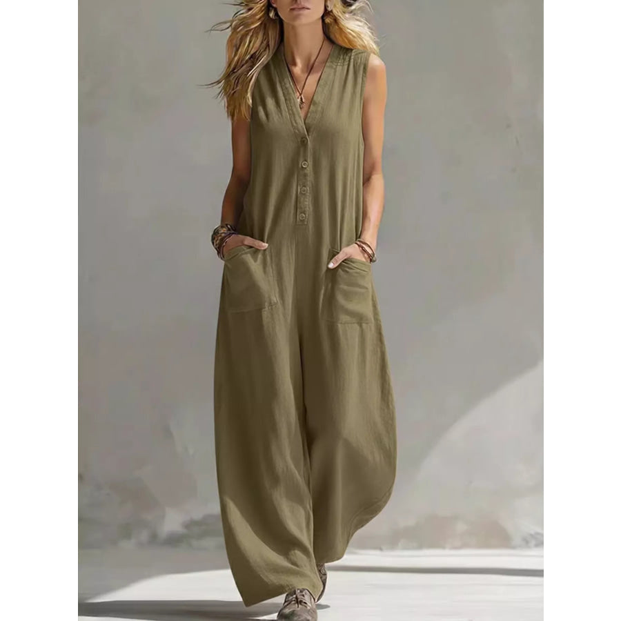 Full Size V-Neck Sleeveless Wide-Leg Jumpsuit Plus Size Army Green / S Apparel and Accessories