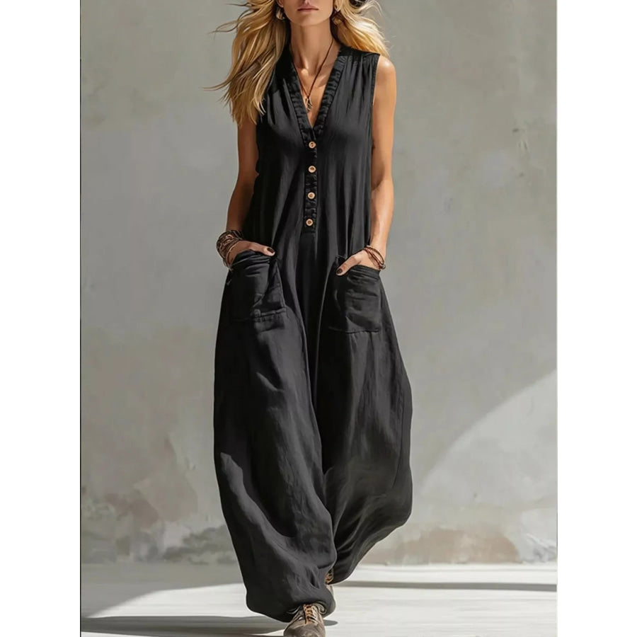 Full Size V-Neck Sleeveless Wide-Leg Jumpsuit Plus Size Black / S Apparel and Accessories
