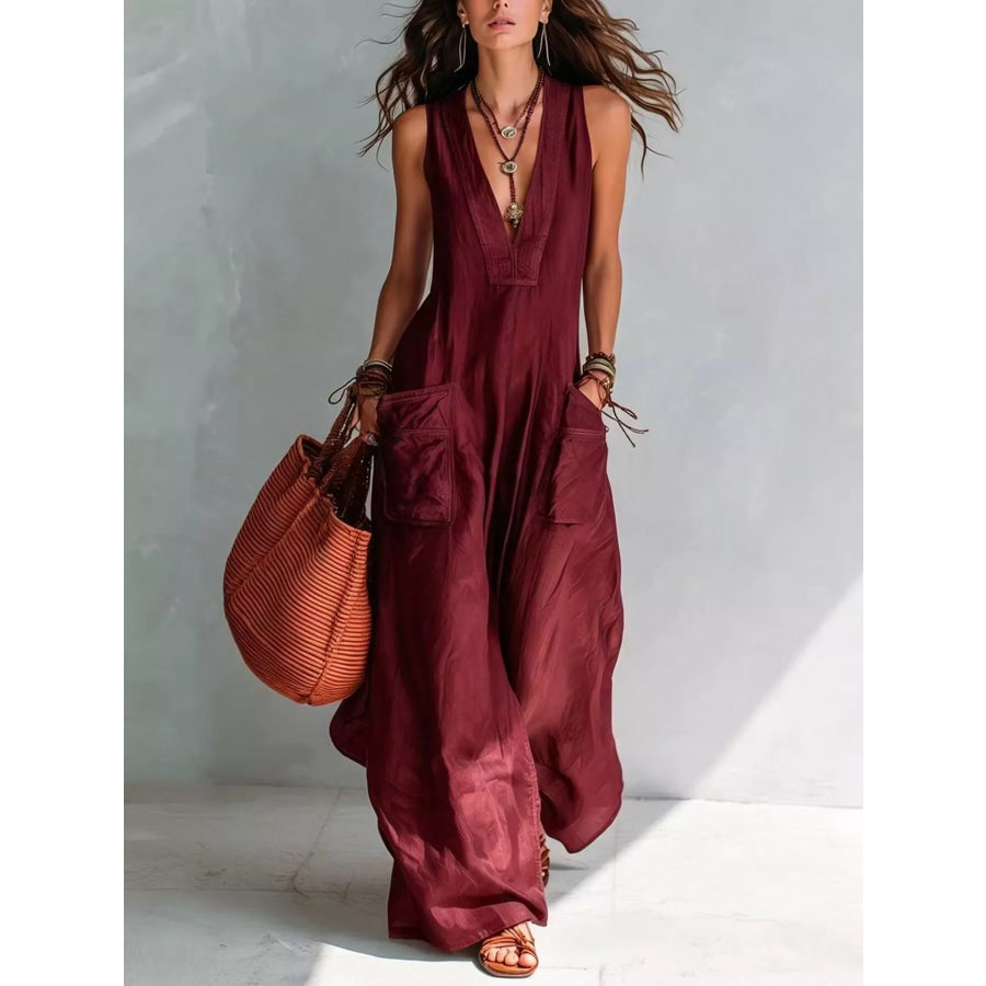 Full Size V-Neck Sleeveless Wide-Leg Jumpsuit Plus Size Burgundy / S Apparel and Accessories
