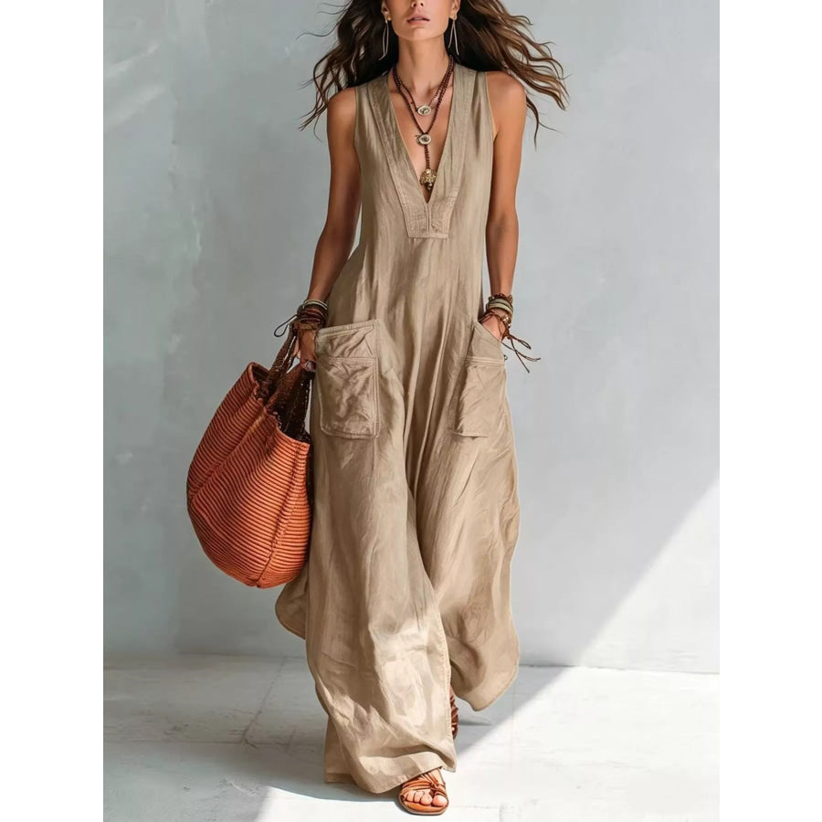 Full Size V-Neck Sleeveless Wide-Leg Jumpsuit Plus Size Khaki / S Apparel and Accessories