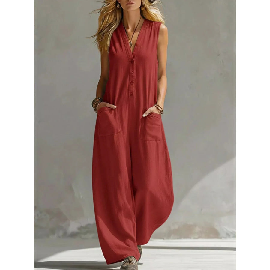 Full Size V-Neck Sleeveless Wide-Leg Jumpsuit Plus Size Red / S Apparel and Accessories