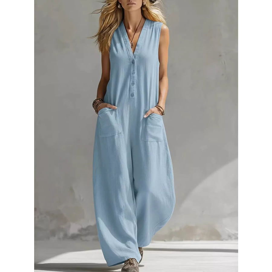 Full Size V-Neck Sleeveless Wide-Leg Jumpsuit Plus Size Sky Blue / S Apparel and Accessories