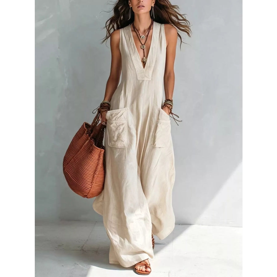 Full Size V-Neck Sleeveless Wide-Leg Jumpsuit Plus Size White / S Apparel and Accessories