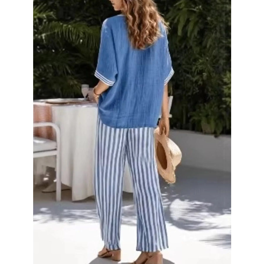 Full Size V-Neck Striped Top and Pants Two-Piece Set Plus Blue / S Apparel Accessories