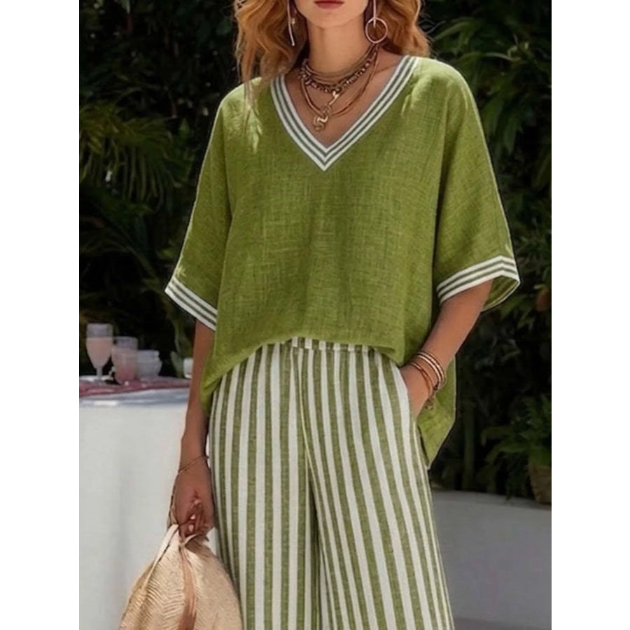 Full Size V-Neck Striped Top and Pants Two-Piece Set Plus Apparel Accessories