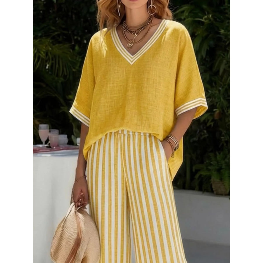 Full Size V-Neck Striped Top and Pants Two-Piece Set Plus Apparel Accessories