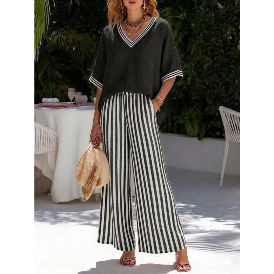 Full Size V-Neck Striped Top and Pants Two-Piece Set Plus Black / S Apparel Accessories