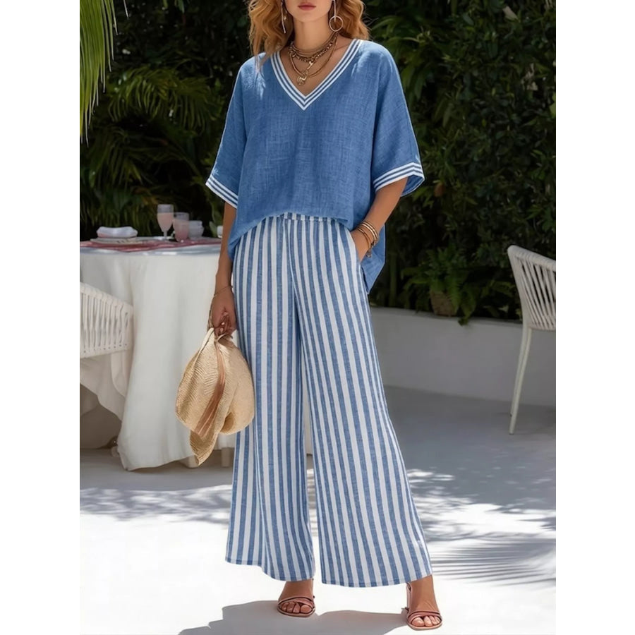 Full Size V-Neck Striped Top and Pants Two-Piece Set Plus Blue / S Apparel Accessories
